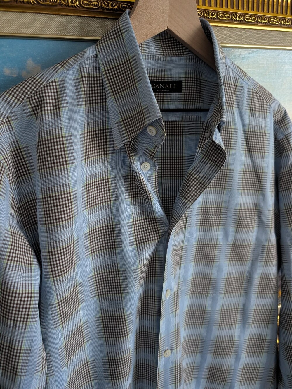 Canali Light Blue and Brown Plaid Button-Down Shirt
